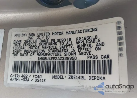 2010 Toyota Corolla Le z USA, uszkodzony, nr VIN 1NXBU4EE2AZ326350